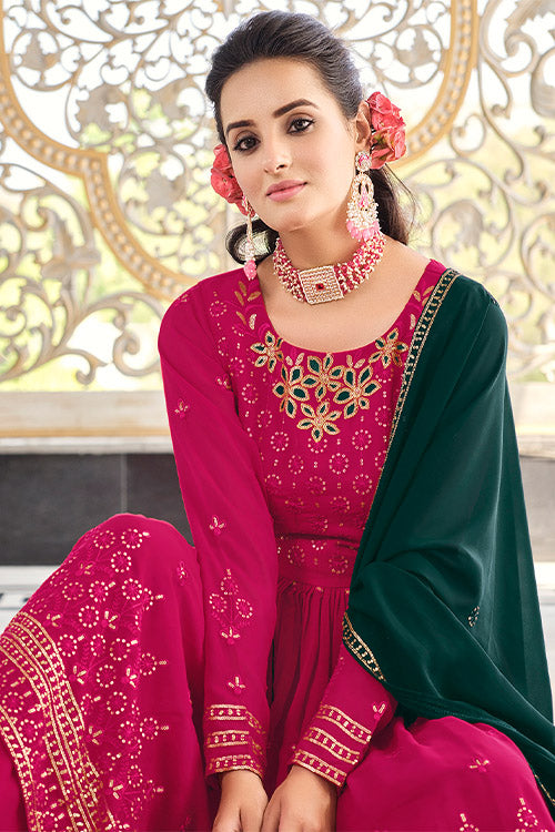 Rani Georgette Thread And Sequins Embroidered Kurta Palazzo Set ClothsVilla.com