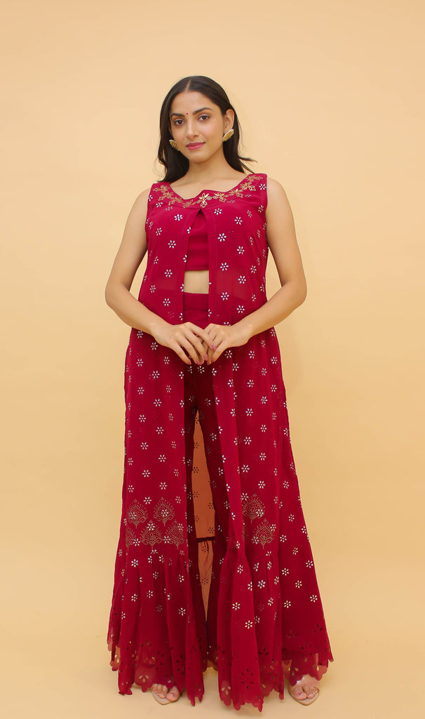 Raspberry Pakistani Georgette Plazo Suit For Indian Festival & Weddings - Rubber Print Work, Clothsvilla