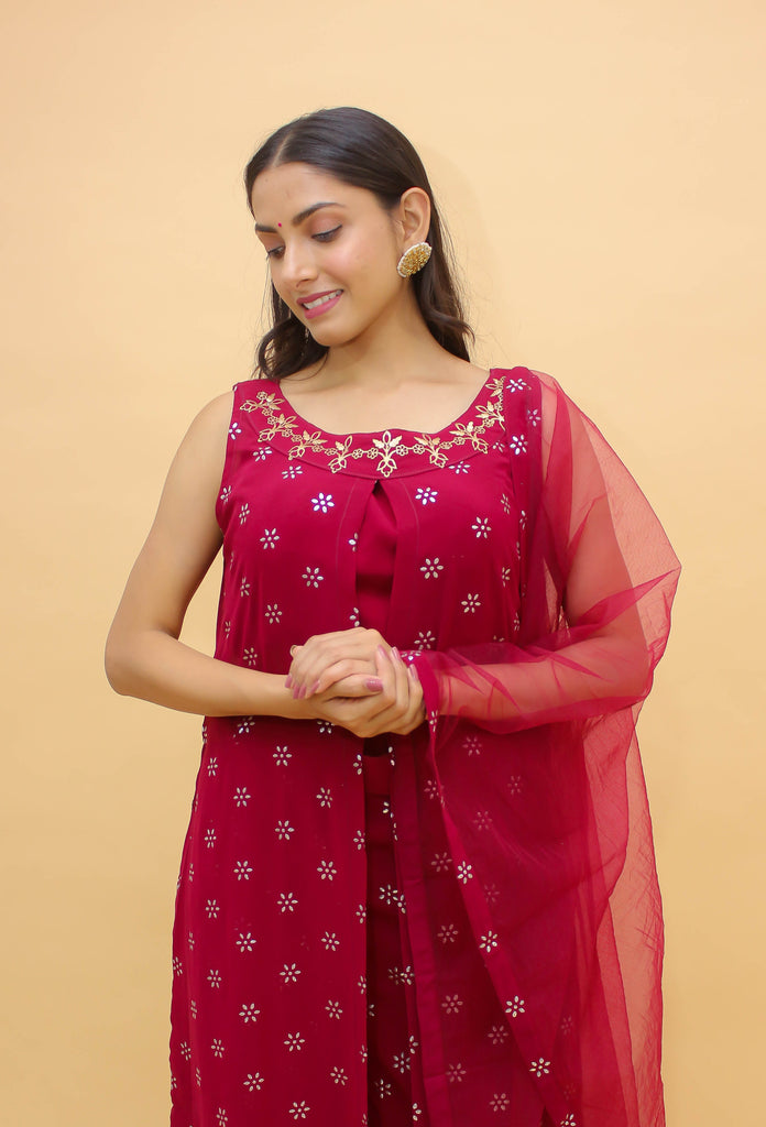 Raspberry Pakistani Georgette Plazo Suit For Indian Festival & Weddings - Rubber Print Work, Clothsvilla