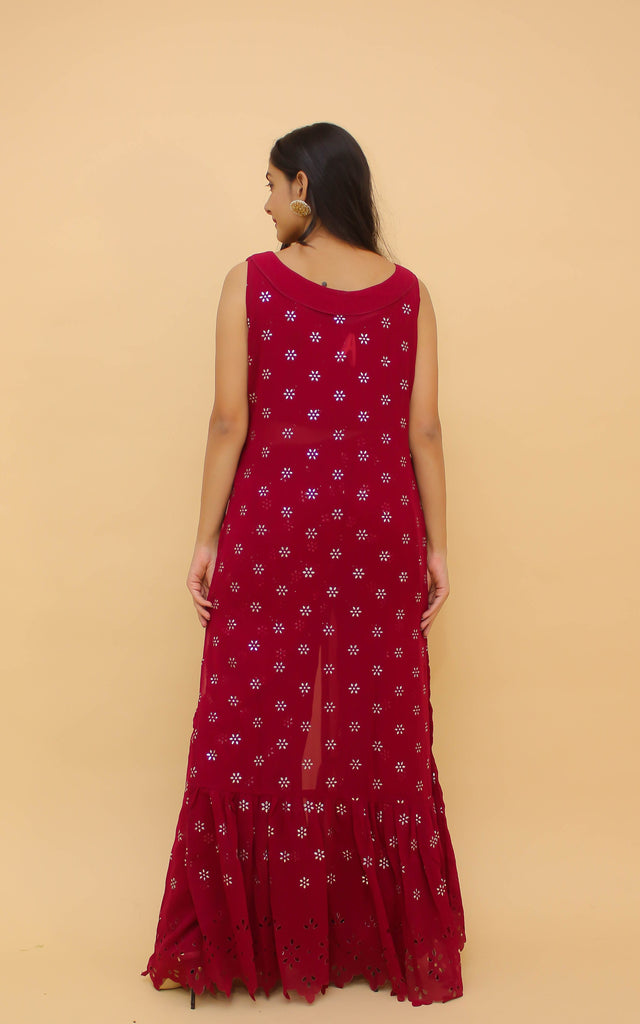 Raspberry Pakistani Georgette Plazo Suit For Indian Festival & Weddings - Rubber Print Work, Clothsvilla