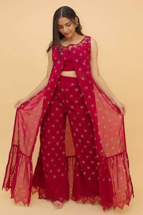 Raspberry Pakistani Georgette Plazo Suit For Indian Festival & Weddings - Rubber Print Work, Clothsvilla Main image