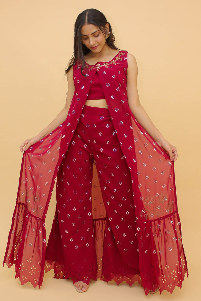 Raspberry Pakistani Georgette Plazo Suit For Indian Festival & Weddings - Rubber Print Work, Clothsvilla