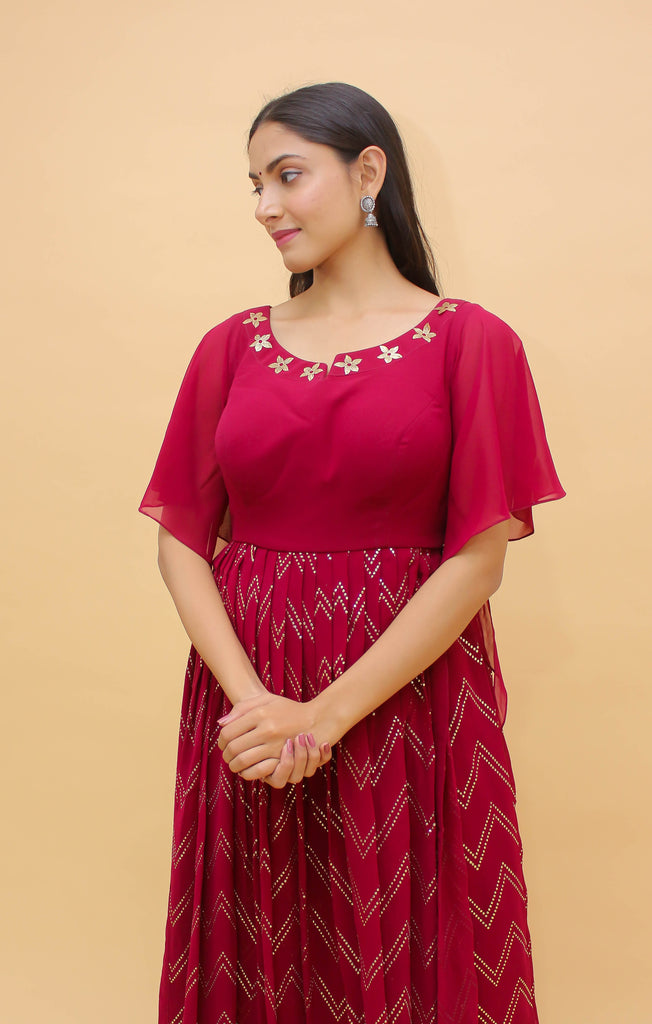 Raspberry Pakistani Georgette Plazo Suit For Indian Festival & Weddings - Rubber Print Work, Mukaish Work Clothsvilla