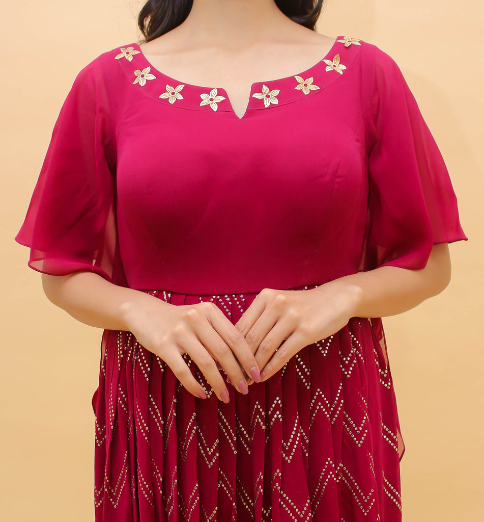 Raspberry Pakistani Georgette Plazo Suit For Indian Festival & Weddings - Rubber Print Work, Mukaish Work Clothsvilla