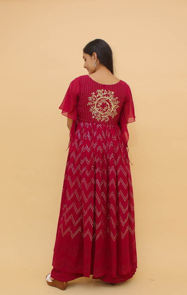 Raspberry Pakistani Georgette Plazo Suit For Indian Festival & Weddings - Rubber Print Work, Mukaish Work Clothsvilla