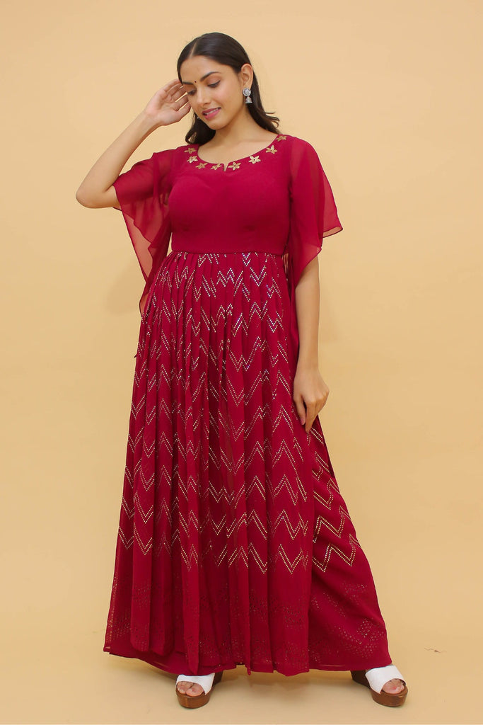 Raspberry Pakistani Georgette Plazo Suit For Indian Festival & Weddings - Rubber Print Work, Mukaish Work Clothsvilla