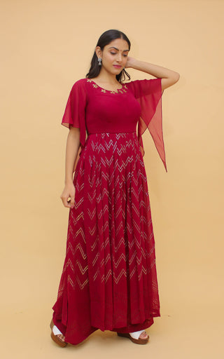 Raspberry Pakistani Georgette Plazo Suit For Indian Festival & Weddings - Rubber Print Work, Mukaish Work Clothsvilla