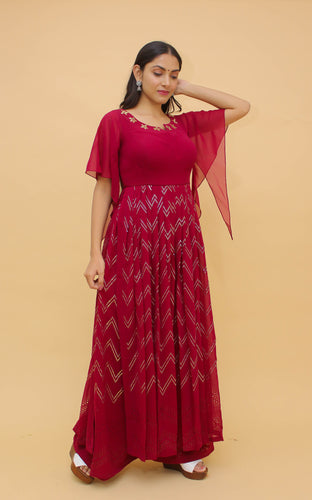 Raspberry Pakistani Georgette Plazo Suit For Indian Festival & Weddings - Rubber Print Work, Mukaish Work Clothsvilla