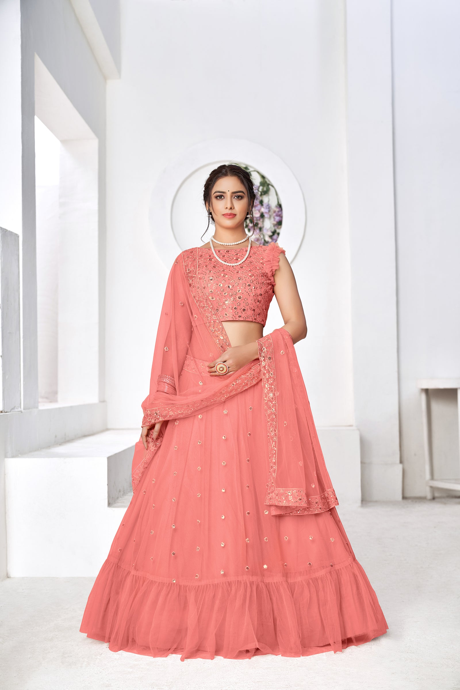 Ravishing Peach Thread Embroidery Festive Wear Lehenga Choli ClothsVilla