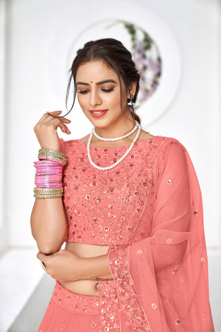 Ravishing Peach Thread Embroidery Festive Wear Lehenga Choli ClothsVilla