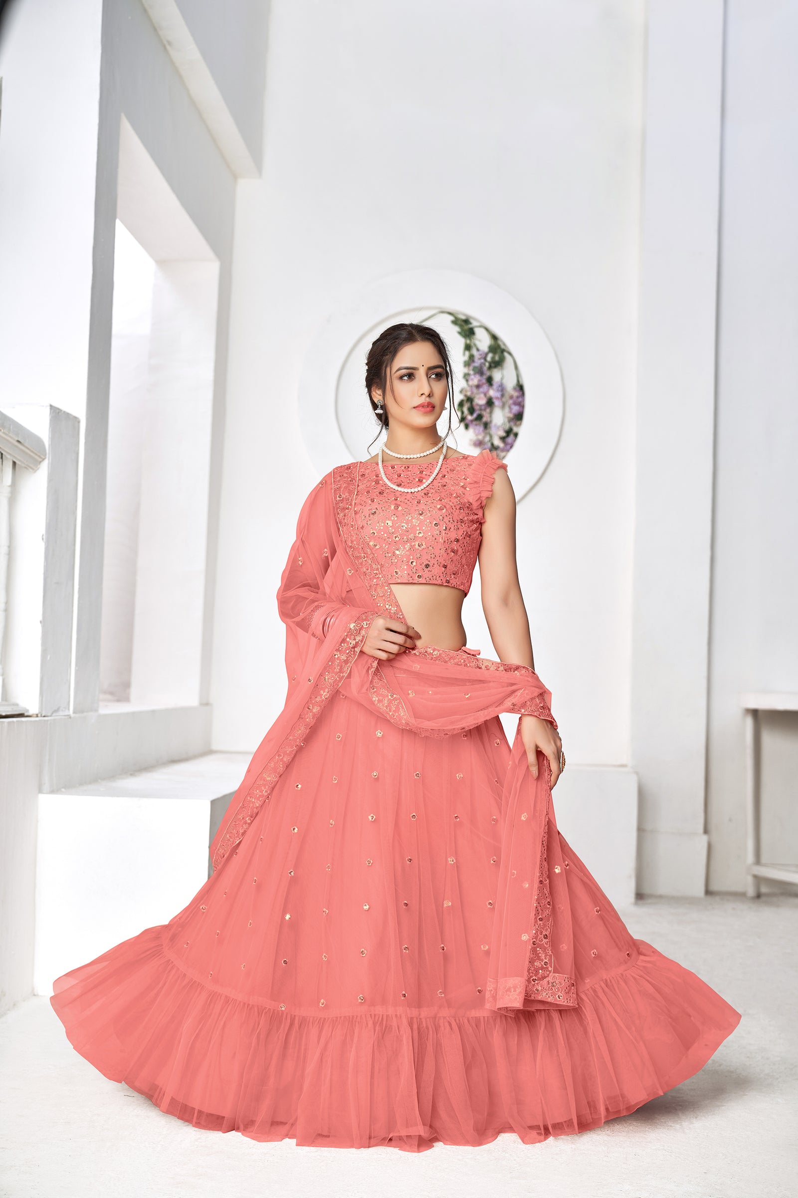 Ravishing Peach Thread Embroidery Festive Wear Lehenga Choli ClothsVilla