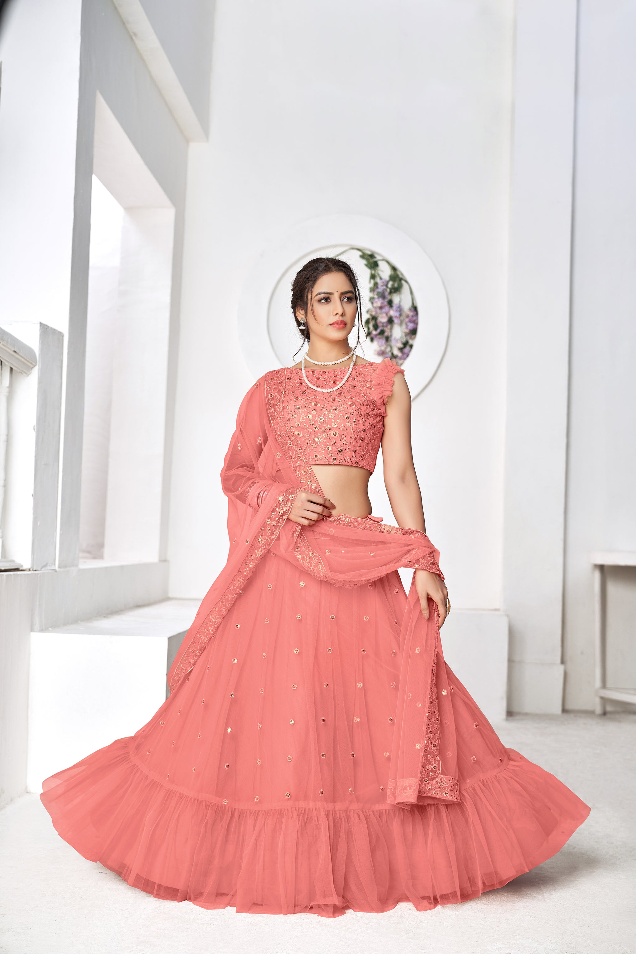 Ravishing Peach Thread Embroidery Festive Wear Lehenga Choli ClothsVilla