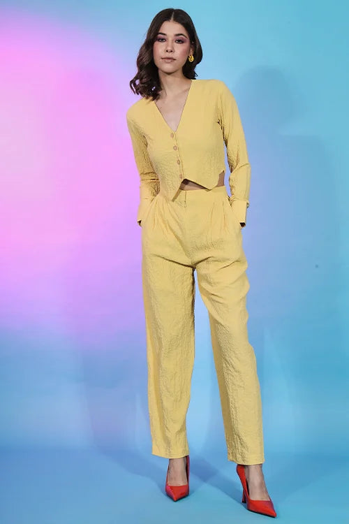 Ready To Wear Yellow Fancy Fabric Self Design Co-Ord Set ClothsVilla