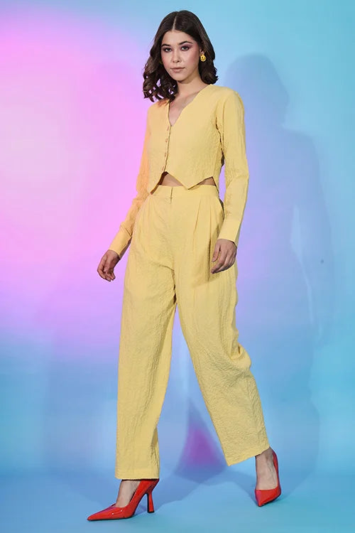 Ready To Wear Yellow Fancy Fabric Self Design Co-Ord Set ClothsVilla