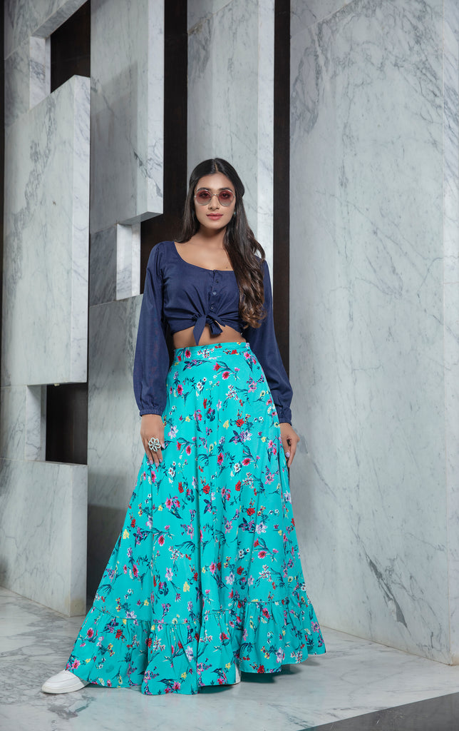 Readymade Blue Printed Crepe Indo Western Skirt With Shirt Crop-Top ClothsVilla