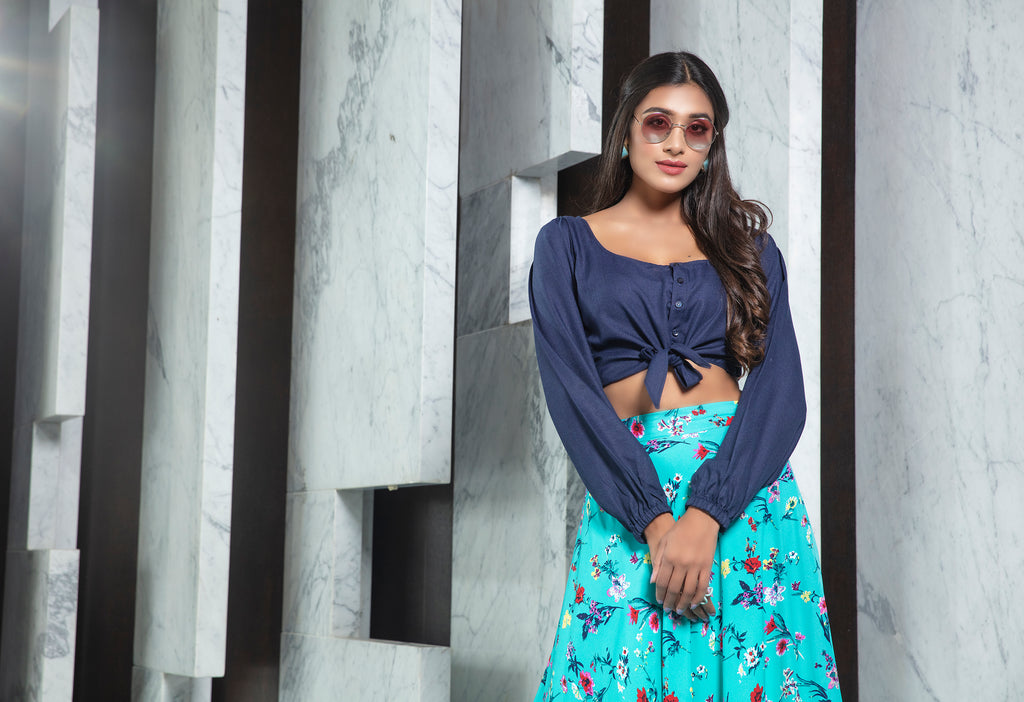 Readymade Blue Printed Crepe Indo Western Skirt With Shirt Crop-Top ClothsVilla