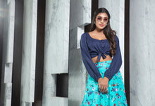 Load image into Gallery viewer, Readymade Blue Printed Crepe Indo Western Skirt With Shirt Crop-Top ClothsVilla