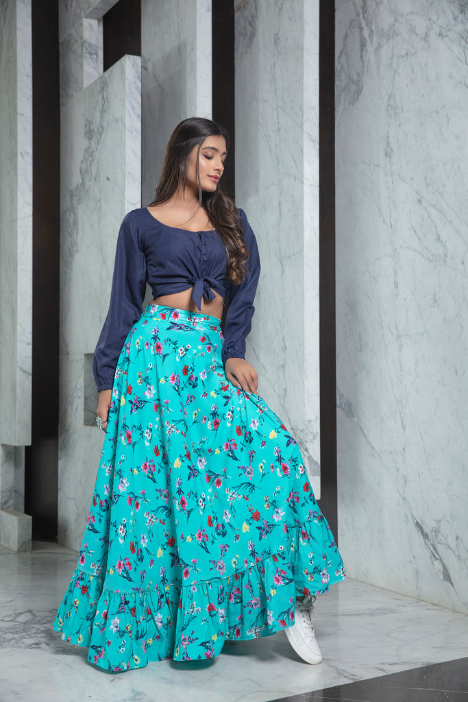 Readymade Blue Printed Crepe Indo Western Skirt With Shirt Crop-Top ClothsVilla