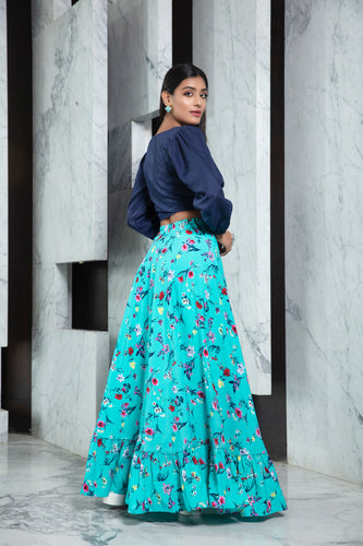 Readymade Blue Printed Crepe Indo Western Skirt With Shirt Crop-Top ClothsVilla