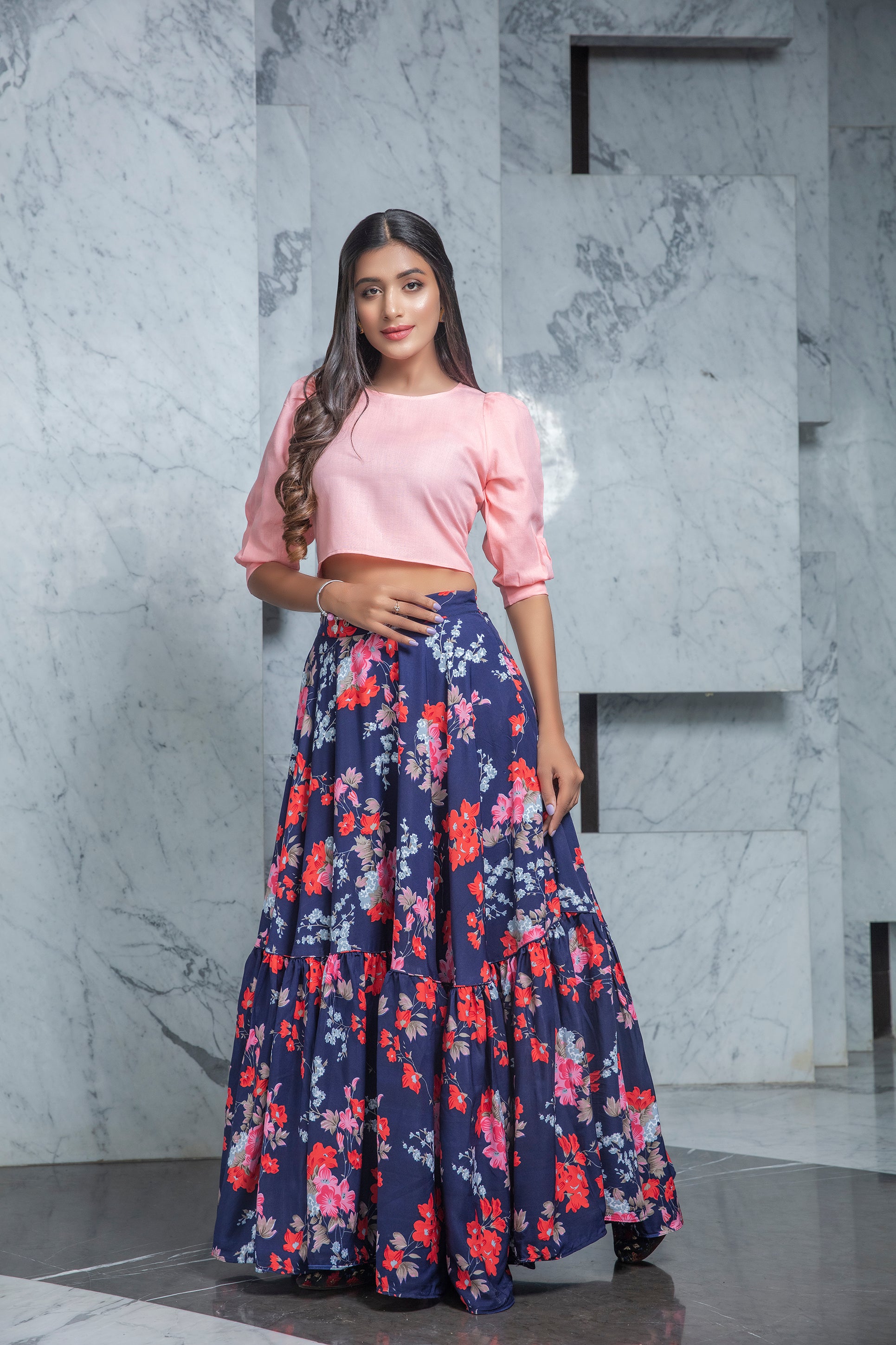 Readymade Navy Blue Printed Crepe Indo Western Skirt With Pink Crop Top ClothsVilla Main image