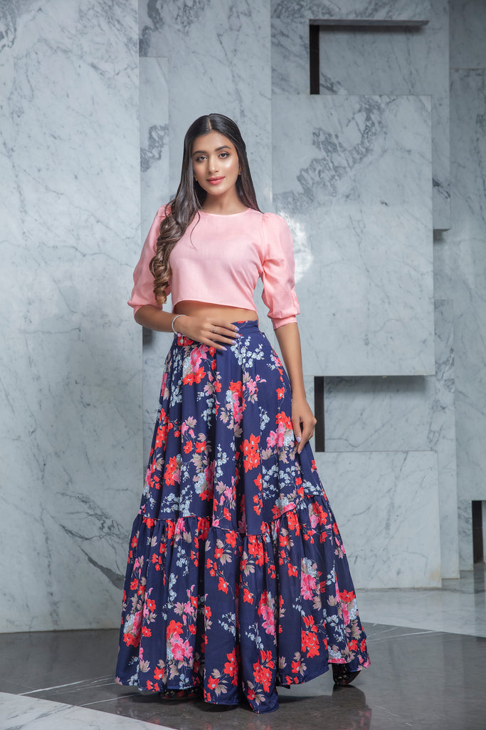 Readymade Navy Blue Printed Crepe Indo Western Skirt With Pink Crop Top ClothsVilla