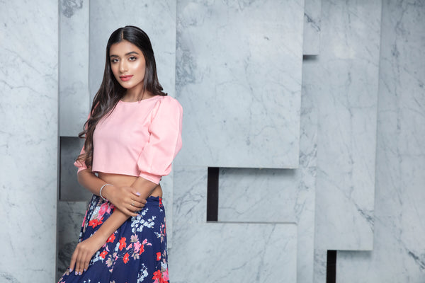 Readymade Navy Blue Printed Crepe Indo Western Skirt With Pink Crop Top ClothsVilla