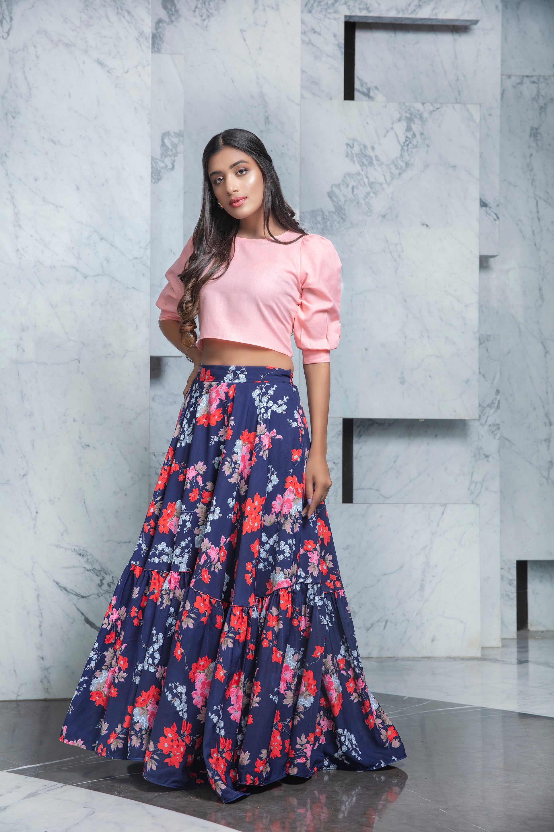 Readymade Navy Blue Printed Crepe Indo Western Skirt With Pink Crop Top ClothsVilla