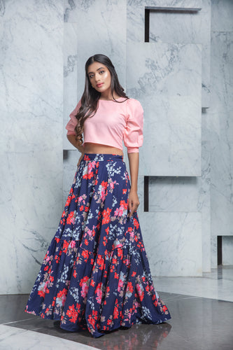 Readymade Navy Blue Printed Crepe Indo Western Skirt With Pink Crop Top ClothsVilla
