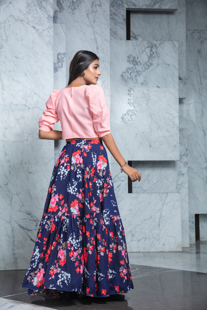 Readymade Navy Blue Printed Crepe Indo Western Skirt With Pink Crop Top ClothsVilla