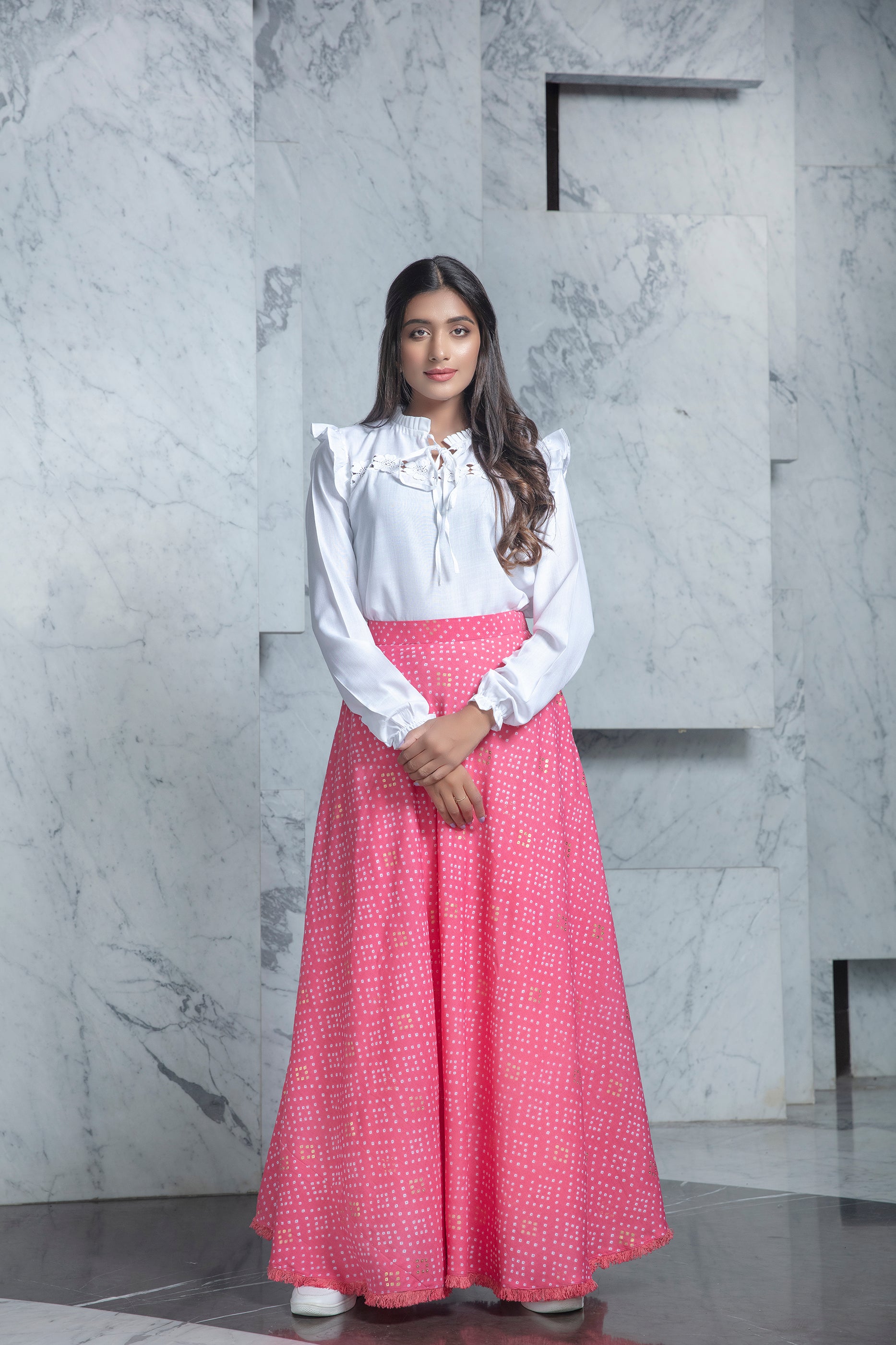 Readymade Pink Bandhni Printed Crepe Indo Western Skirt With White Top ClothsVilla Main image