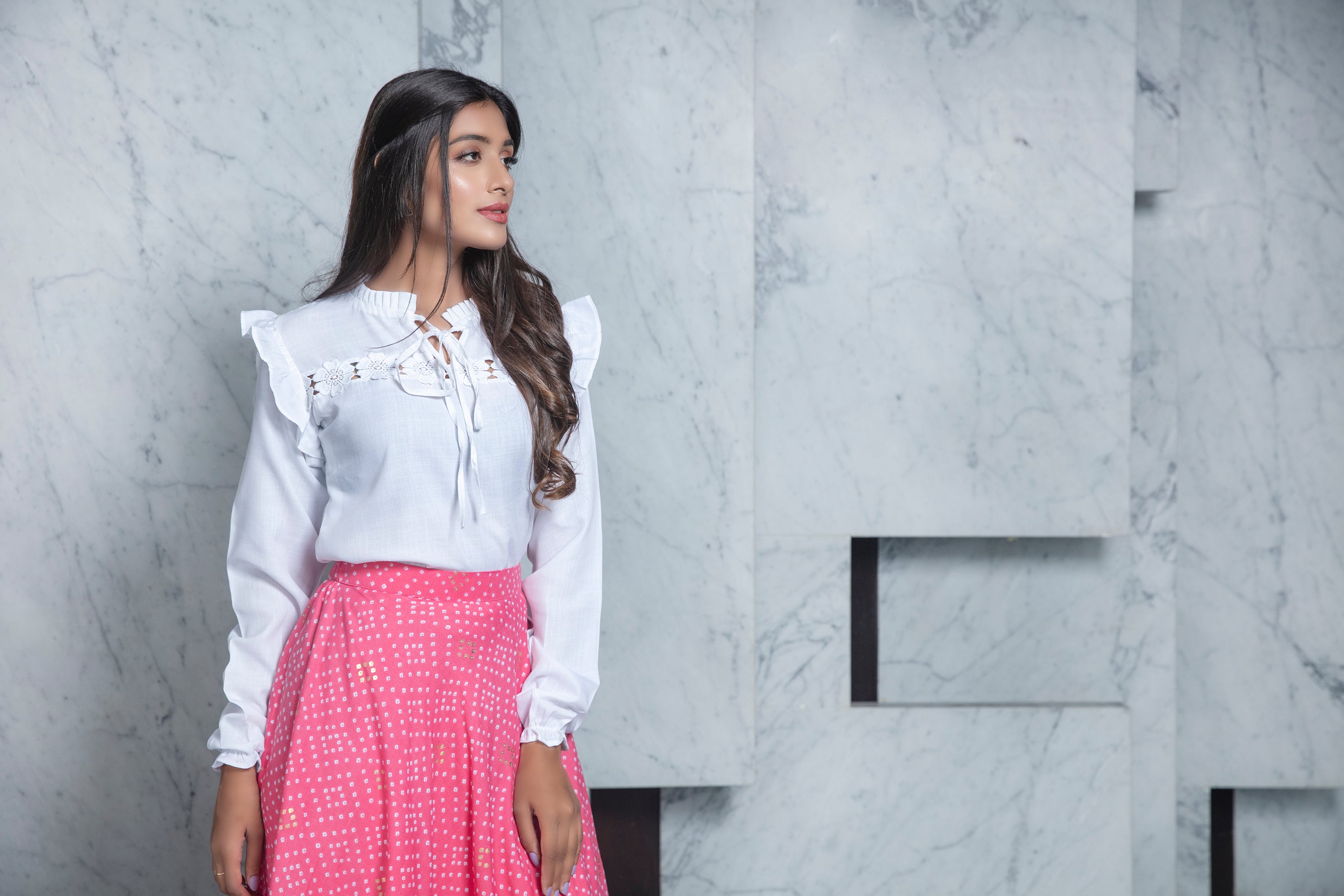 Readymade Pink Bandhni Printed Crepe Indo Western Skirt With White Top ClothsVilla