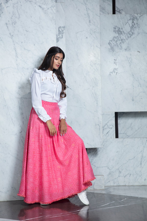Readymade Pink Bandhni Printed Crepe Indo Western Skirt With White Top ClothsVilla