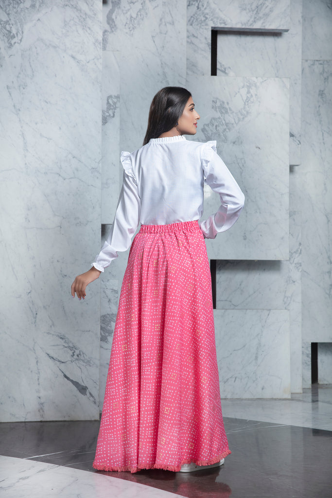 Readymade Pink Bandhni Printed Crepe Indo Western Skirt With White Top ClothsVilla