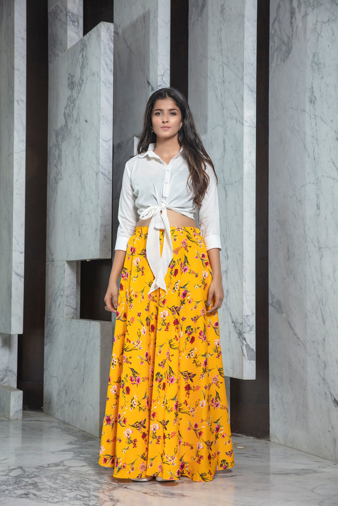 Readymade Yellow Printed Crepe Indo Western Skirt With White Shirt Top ClothsVilla