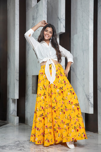 Readymade Yellow Printed Crepe Indo Western Skirt With White Shirt Top ClothsVilla