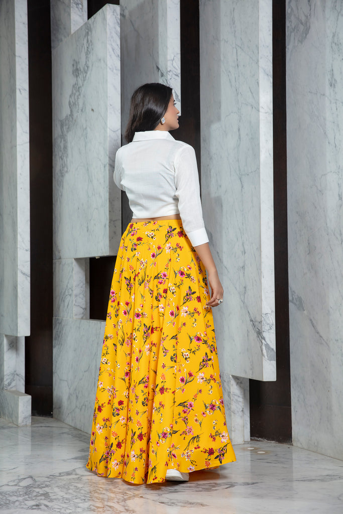 Readymade Yellow Printed Crepe Indo Western Skirt With White Shirt Top ClothsVilla