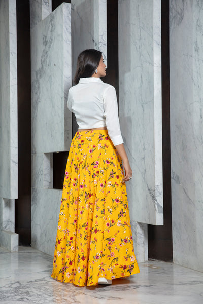 Readymade Yellow Printed Crepe Indo Western Skirt With White