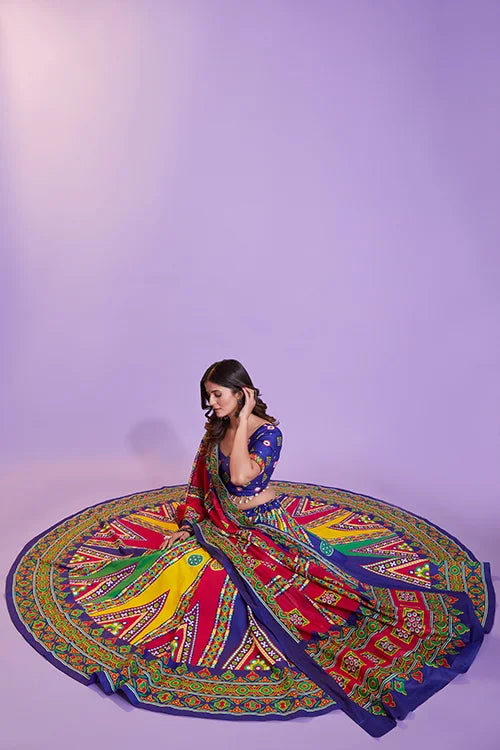 Multicolor Indian Cotton Chaniya Choli For Navratri Garba Festivals with  Belt (4 Meter Flair) - Thread Embroidery Work, Print Work