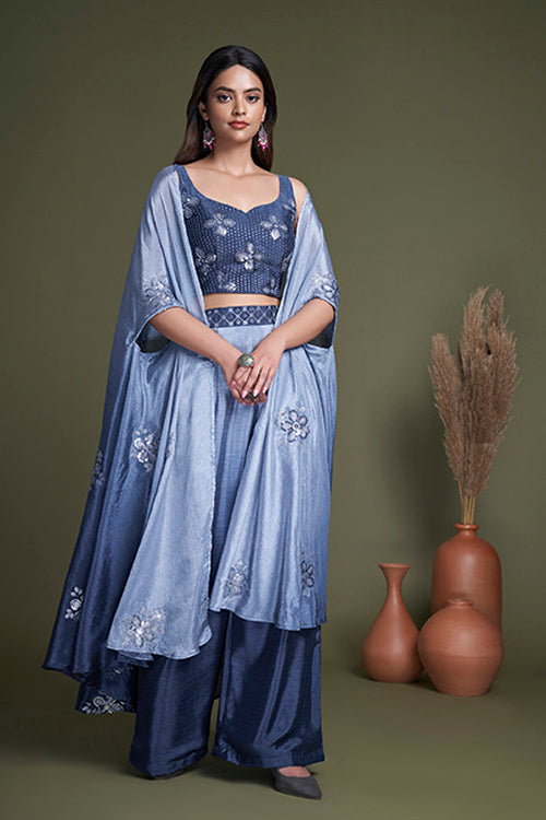 Ready to Wear Navy Chinon Embroidered Koti Style Palazzo Collection ClothsVilla.com