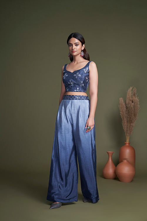 Ready to Wear Navy Chinon Embroidered Koti Style Palazzo Collection ClothsVilla.com