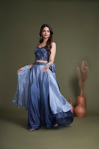 Ready to Wear Navy Chinon Embroidered Koti Style Palazzo Collection ClothsVilla.com