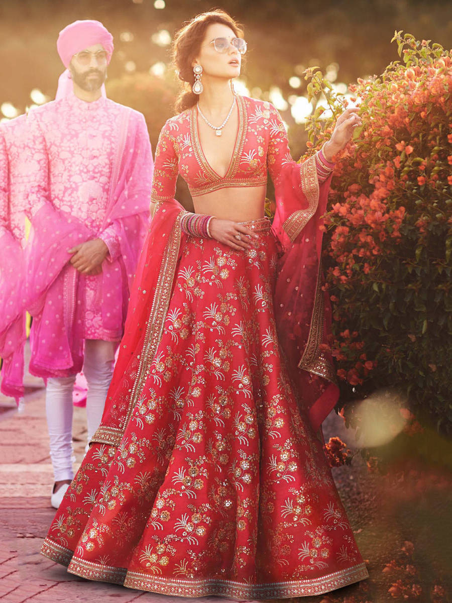 Hypnotic Red Colored Wedding Wear Embroidered Satin Lehenga Choli ClothsVilla Main image