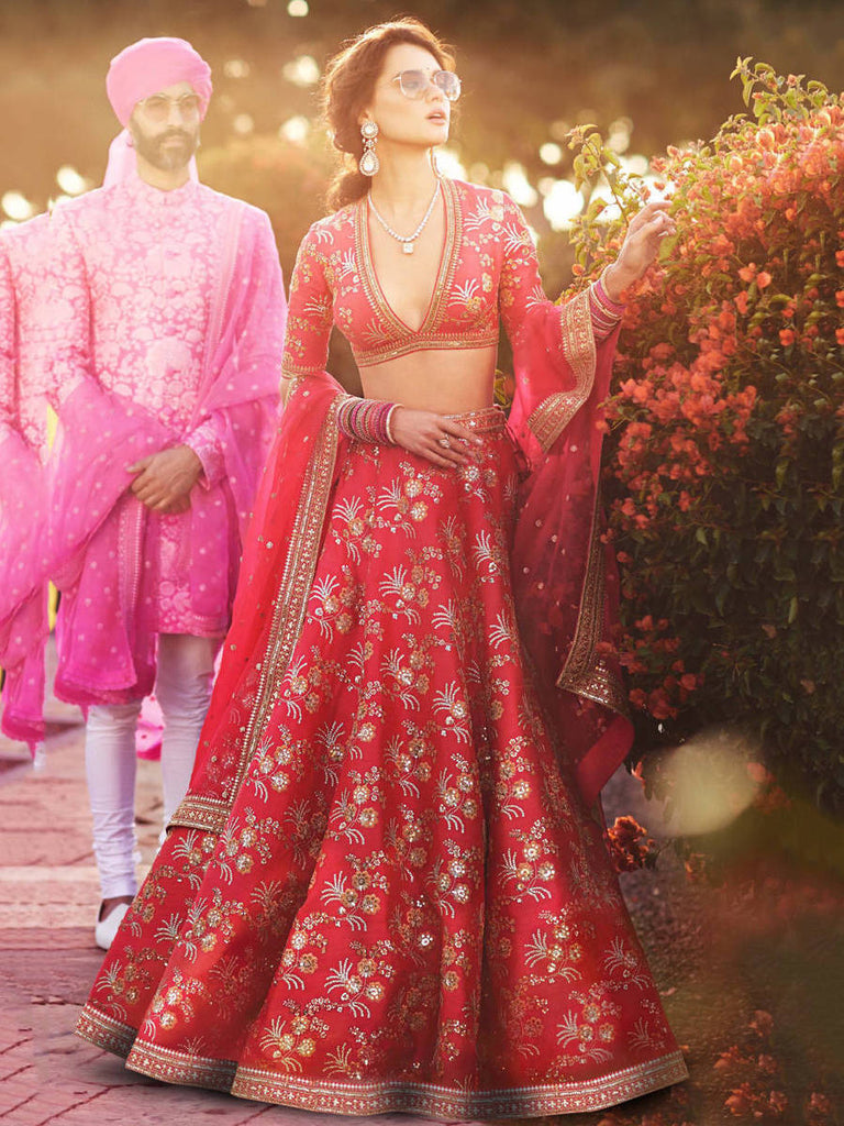 Hypnotic Red Colored Wedding Wear Embroidered Satin Lehenga Choli ClothsVilla