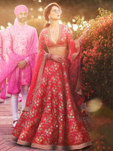 Load image into Gallery viewer, Hypnotic Red Colored Wedding Wear Embroidered Satin Lehenga Choli ClothsVilla