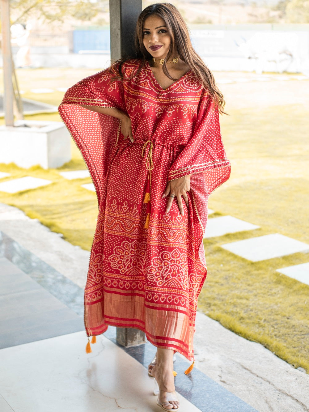 Red Color Digital Bandhej Print Pure Gaji Silk Kaftan Clothsvilla