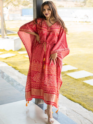 Red Color Digital Bandhej Print Pure Gaji Silk Kaftan Clothsvilla