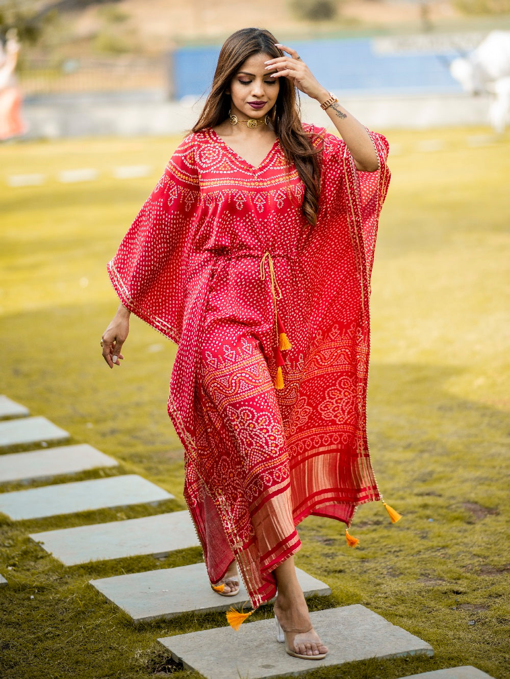 Red Color Digital Bandhej Print Pure Gaji Silk Kaftan Clothsvilla