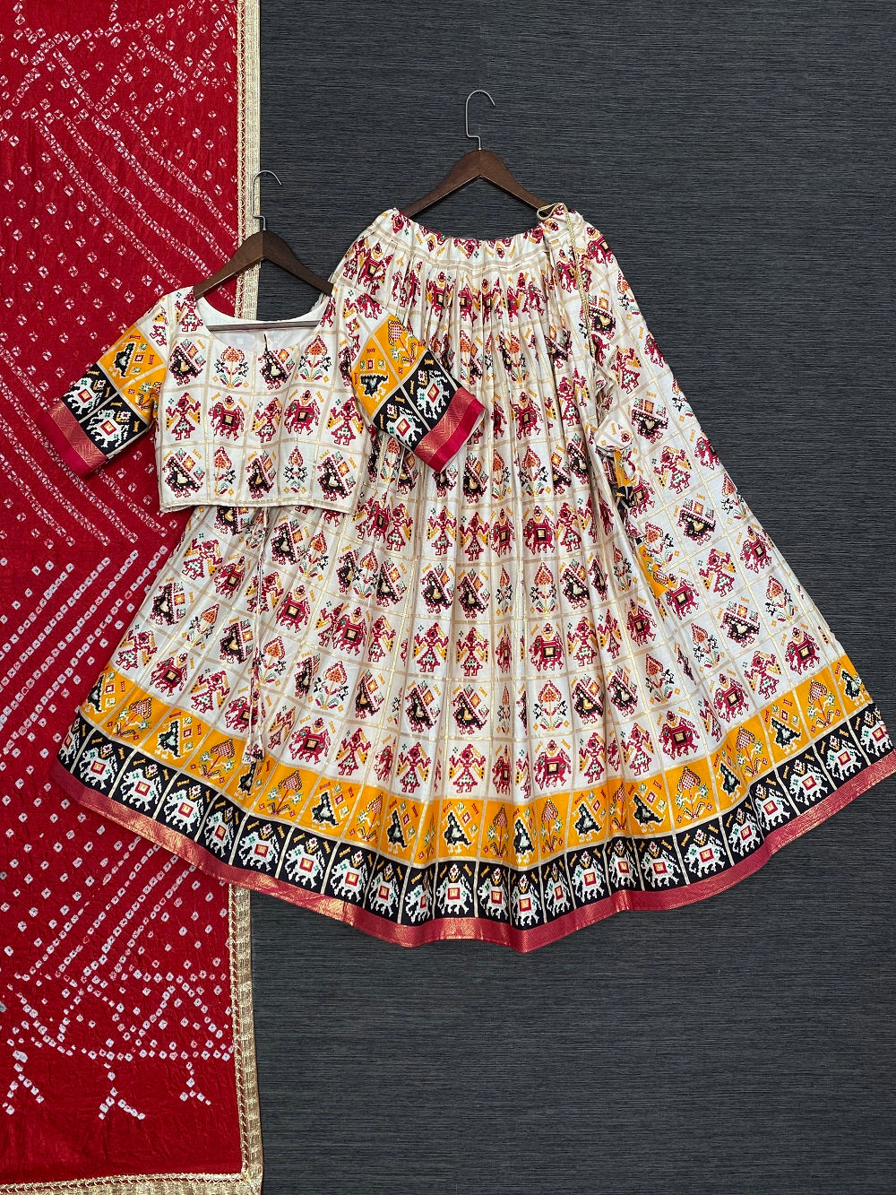 Red Color Foil And Printed Pure Cotton Lehenga Choli With Leheriya Bandhej Dupatta Clothsvilla