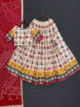 Red Color Foil And Printed Pure Cotton Lehenga Choli With Leheriya Bandhej Dupatta Clothsvilla