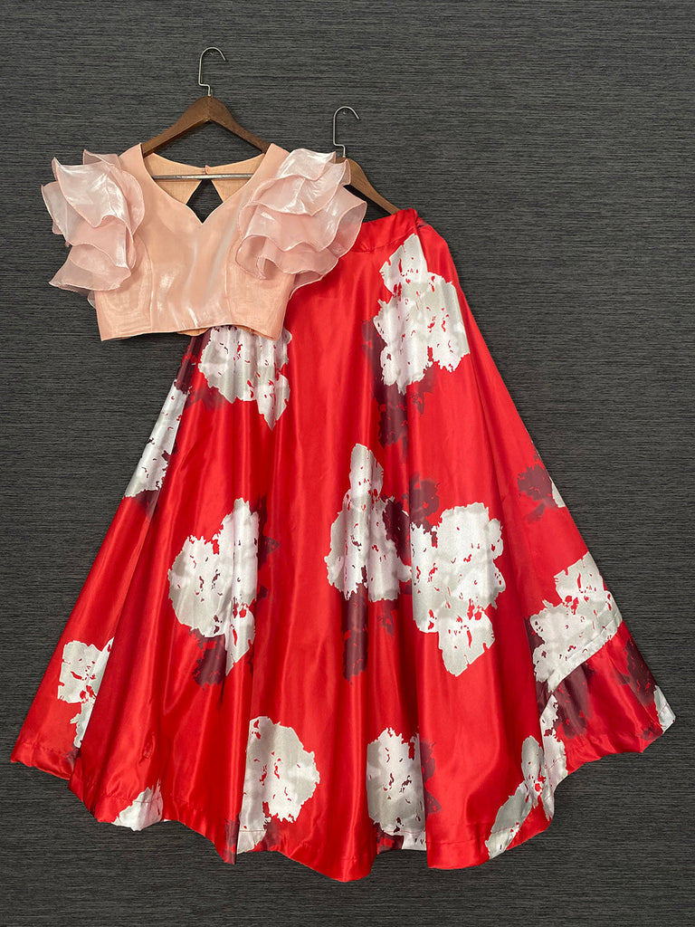 Red Color Heavy Dull Satin Floral Digital Printed Lehenga With Peach Color Varisa Silk Choli Clothsvilla